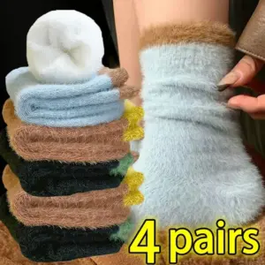 1-4Pairs Plush Mink Wool Socks Women Winter Warm Thicken Sweet Coral Plush Sock Thermal Snow Floor Sock Girls Mid-tube Stockings