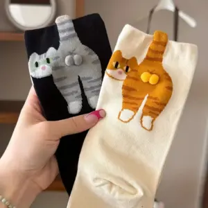 Cartoon Cat and Dingdong Egg Pattern Maternity Couple Socks for Spring and Summer Medium-Cut Daily Wear Ins Style Women’s Socks